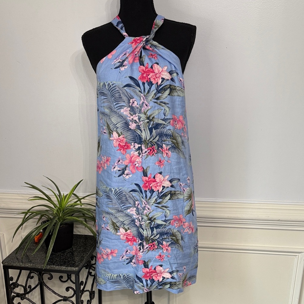 Tommy Bahama Light Blue Tropical Floral Midi Dress with Pink Flowers